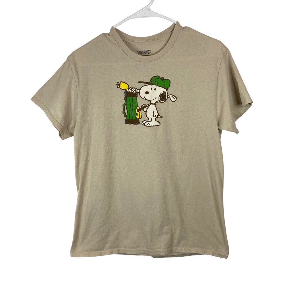 Peanuts Snoopy‎ Golf T Shirt Mens Medium Beige Double Sided Graphic Cotton